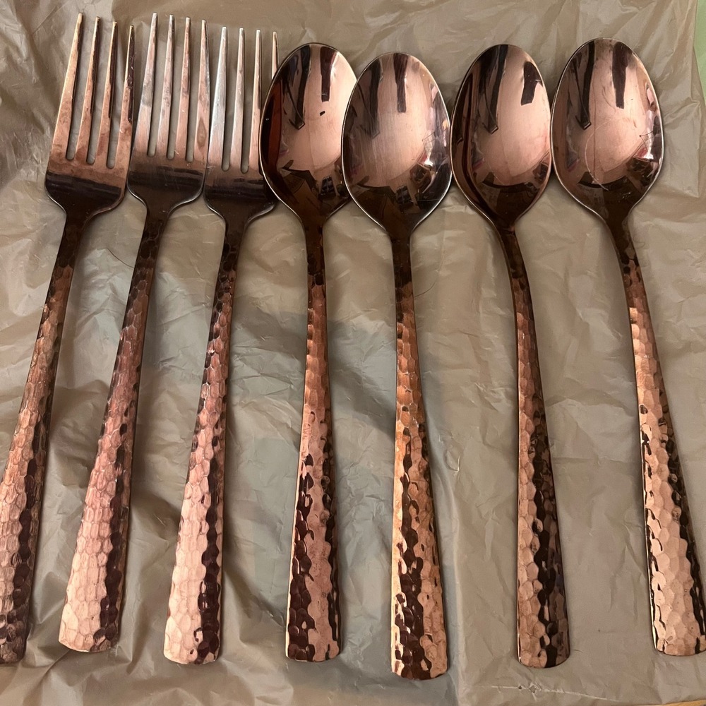 Food Network Martilla Hammered Copper Flatware Lot Stainless Steel Spoons Forks